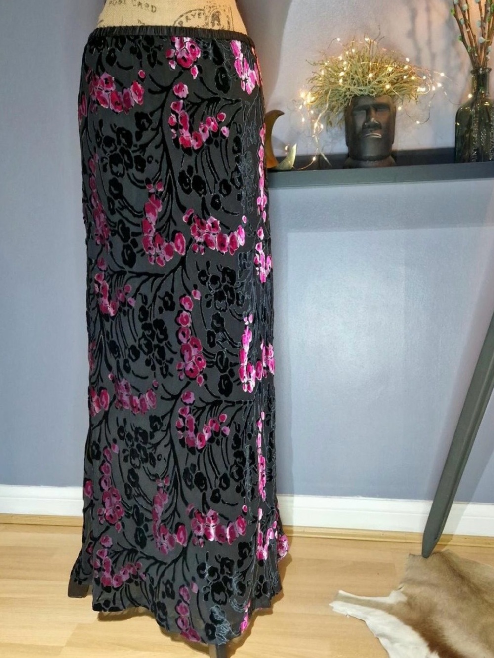 Black Velvet Burnout Maxi Skirt with Pink Floral Accents